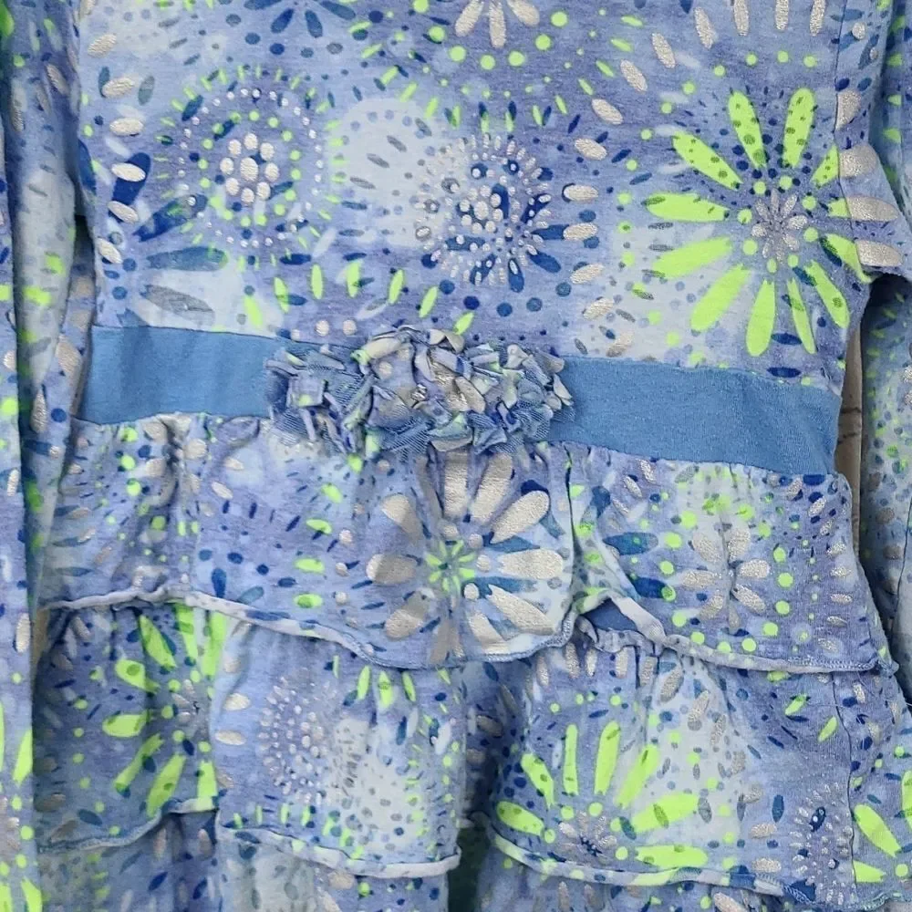 Justice Girls 8 Blue Tiered Ruffle Long Sleeve Floral Burnout Tee Knit Top Shirt
